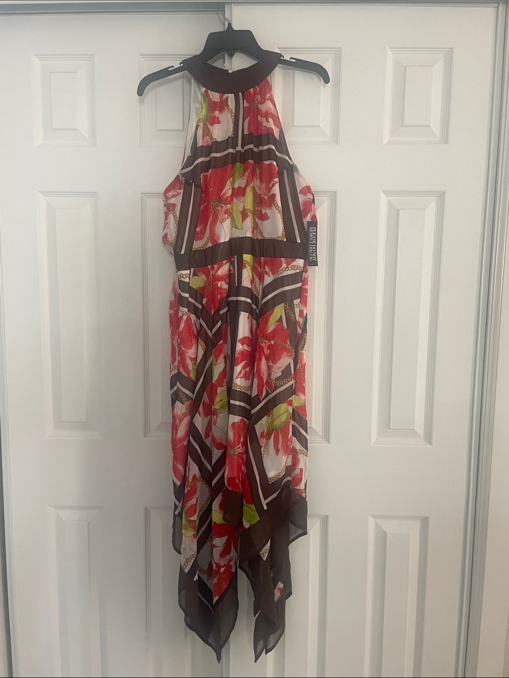 New York & Company Red Floral Asymmetrical Halter Dress